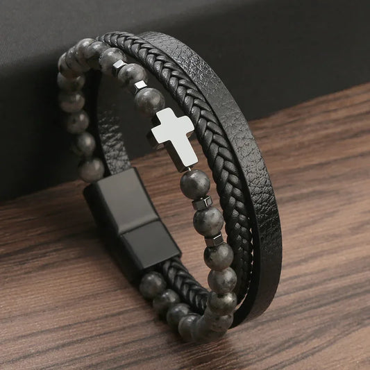 Cross Alloy Natural Stone Haematite Men's Bracelets In Black Glitter