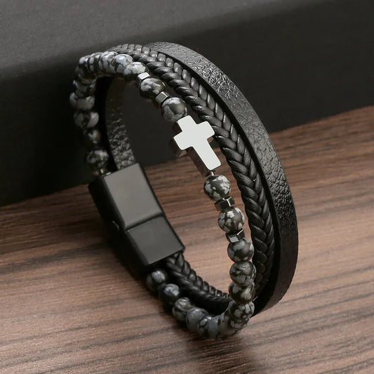 Cross Alloy Natural Stone Haematite Men's Bracelets In Black Snowflake Stone