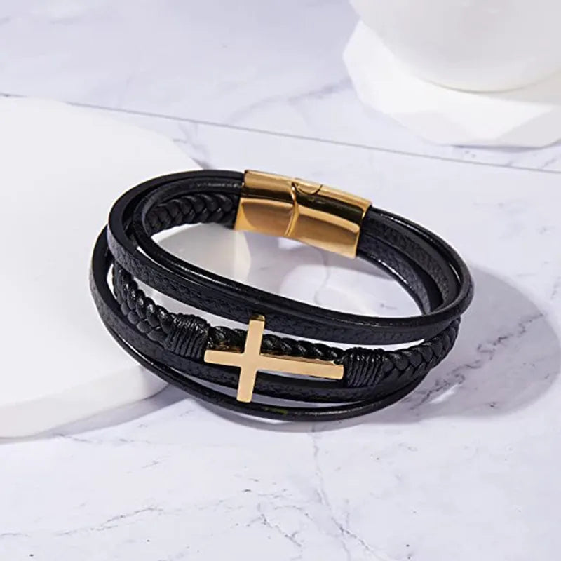 Fashion Cross Pu Leather Alloy Men's Bracelets in Gold