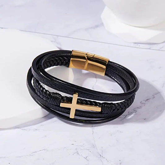 Fashion Cross Pu Leather Alloy Men's Bracelets in Gold