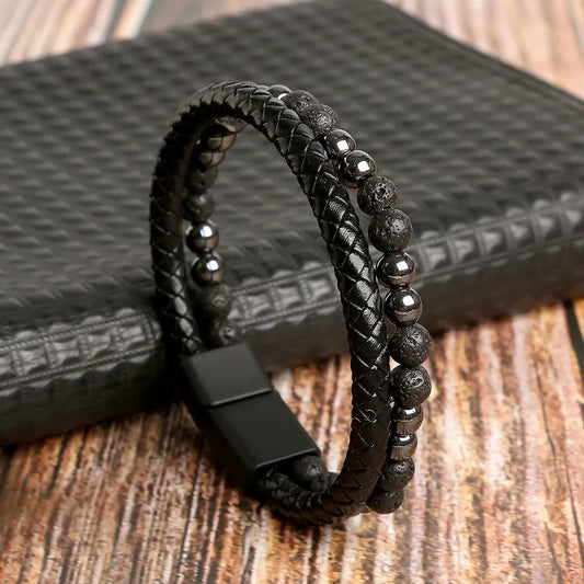 Geometric Natural Stone Rope Men's Bracelets in Black