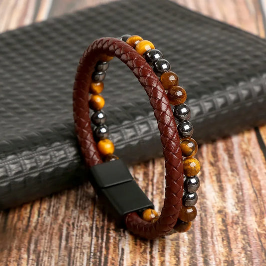 Geometric Natural Stone Rope Men's Bracelets in Brown