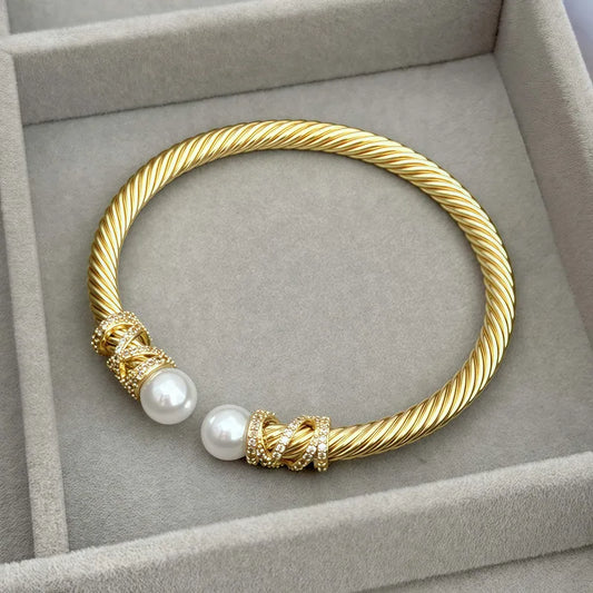 Pearl Geometric 316L Stainless Steel Copper Zircon 18K Gold Plated Plating Inlay Tube Bangle
