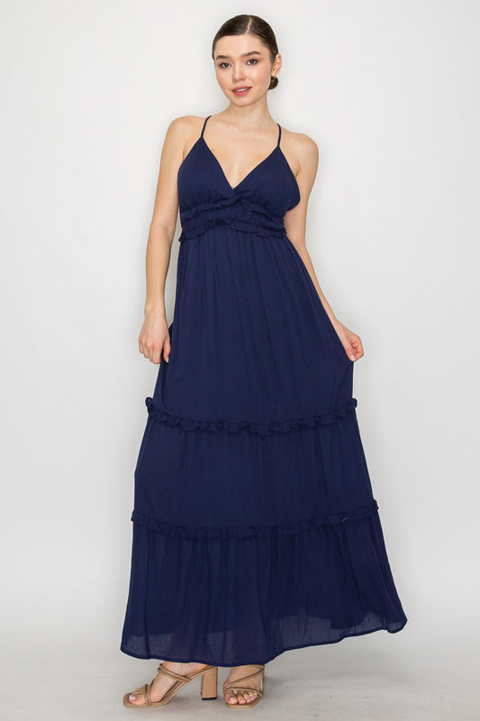 Crossed Back Ruffle Trim Tiered Navy Dress