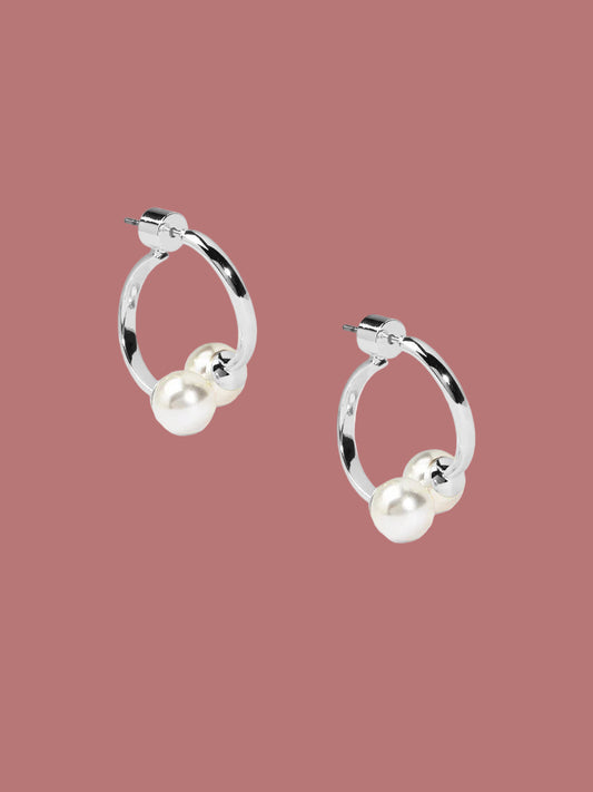 Pearl Half Hoop Earring in Rhodium