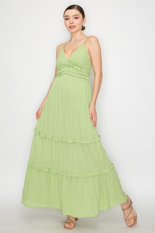 Crossed Back Ruffle Trim Tiered Green Dress
