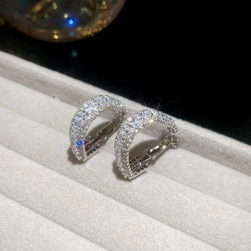 925 Sterling Silver Zircon Triangle Ear Clip Vintage Heavy Luxury Earrings