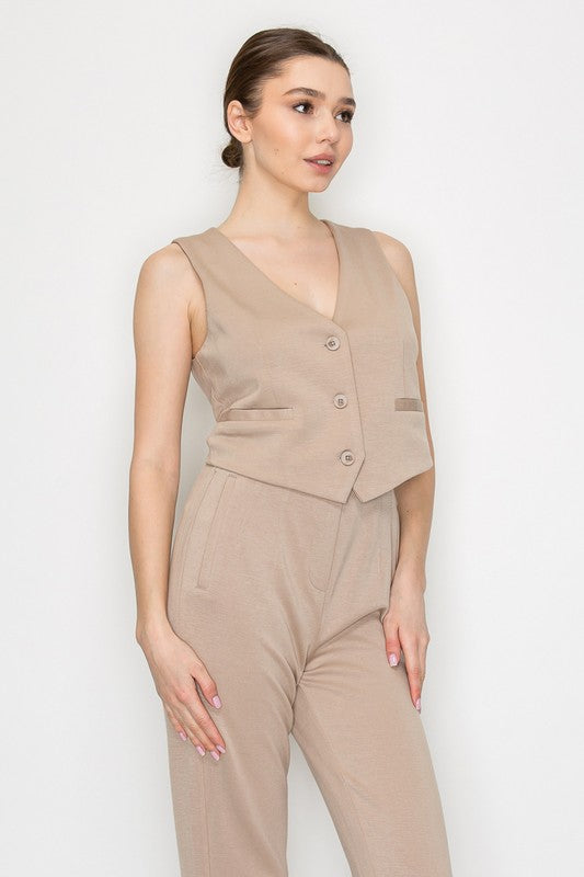 Button - Down Crop Vest Top Taupe