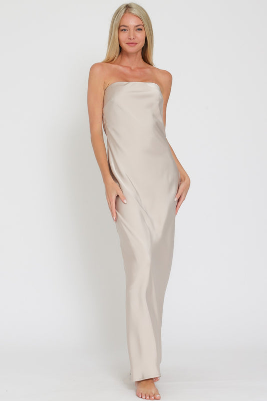 Tube Cowl Back Tie Back Chest Maxi Satin Dress in Champagne