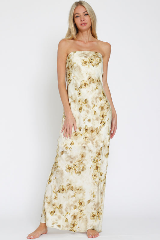 Elegant Gold Maxi Dress Features a Striking Tube Silhouette