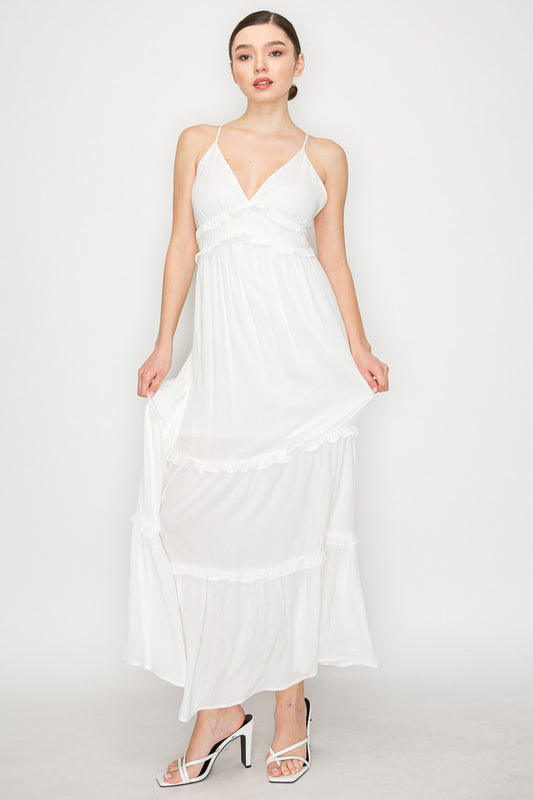 Crossed Back Ruffle Trim Tiered White Dress