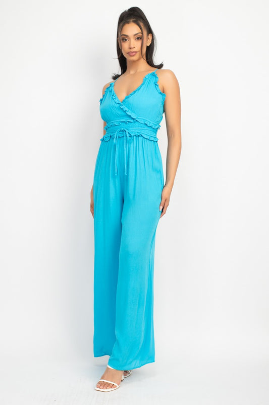 Ruffled V- Neck Wrap Aqua Blue Jumpsuit
