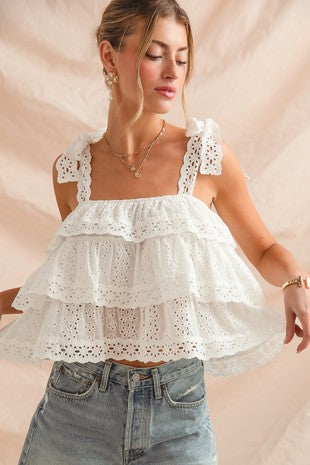 Eyelet Tiered Lace Trim Top With Lace Trim Tie