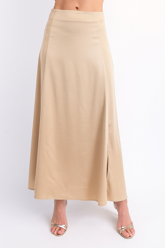 Satin Godet Maxi Skirt In Beige