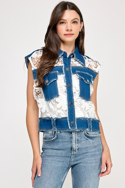 Lace N Denim Detail Button Down Shirt