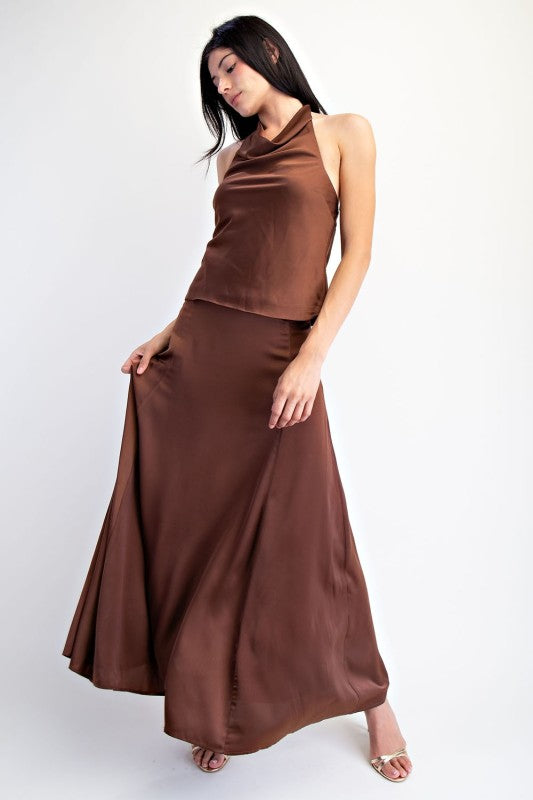 Satin Godet Maxi Skirt in Brown
