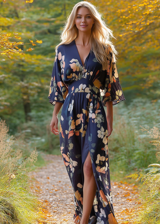 Kimono Sleeve Elastic Back Waisted Maxi Dress in Navy