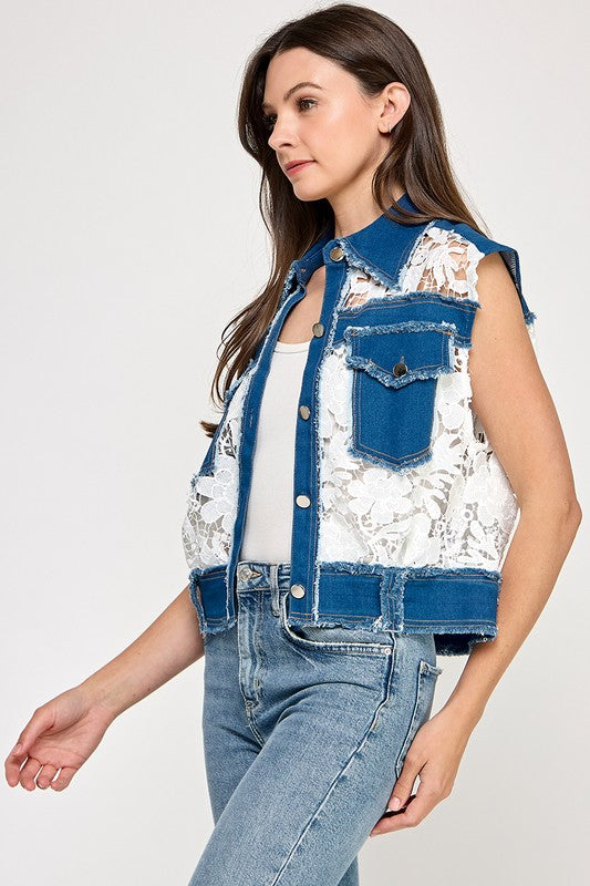 Lace N Denim Detail Button Down Shirt